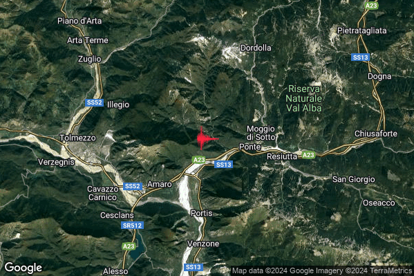 Debole Terremoto M2.3 epicentro 4 km W Moggio Udinese (UD) alle 18:47:42 (16:47:42 UTC)