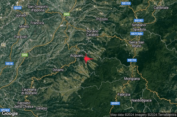 Lieve Terremoto M2.1 epicentro 2 km SE Arena (VV) alle 13:27:02 (11:27:02 UTC)