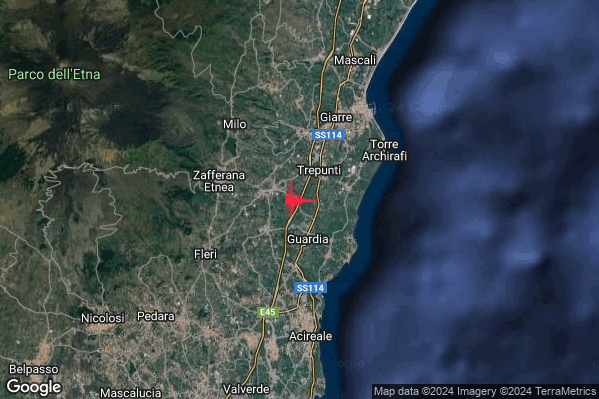 Lieve Terremoto M2.1 epicentro 2 km E Santa Venerina (CT) alle 04:15:08 (02:15:08 UTC)