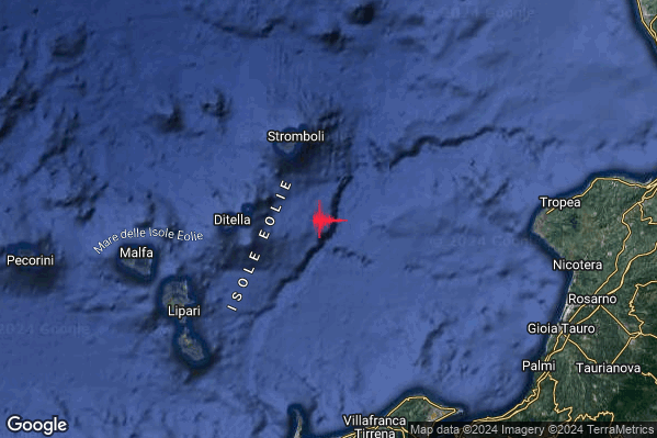 Moderato Terremoto M3.4 epicentro Isole Eolie (Messina) alle 13:52:19 (11:52:19 UTC)