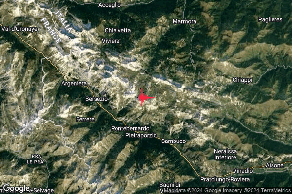 Debole Terremoto M2.3 epicentro 4 km N Pietraporzio (CN) alle 00:19:13 (22:19:13 UTC)