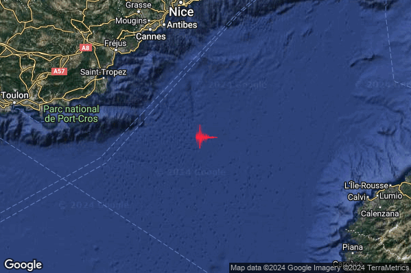 Distinto Terremoto M3.8 epicentro Mare di Corsica (MARE) alle 20:47:44 (18:47:44 UTC)