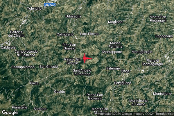 Lieve Terremoto M2.0 epicentro 3 km NE Sant'Angelo in Pontano (MC) alle 19:29:27 (17:29:27 UTC)