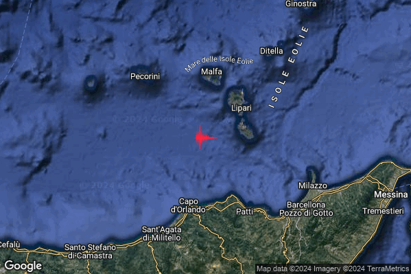 Lieve Terremoto M2.1 epicentro Isole Eolie (Messina) alle 15:03:40 (13:03:40 UTC)