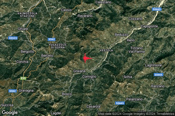 Lieve Terremoto M2.2 epicentro 3 km N Corniglio (PR) alle 05:38:54 (03:38:54 UTC)