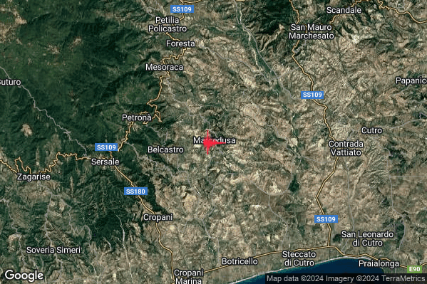 Debole Terremoto M2.6 epicentro Marcedusa (CZ) alle 15:32:15 (13:32:15 UTC)