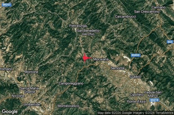 Lieve Terremoto M2.2 epicentro 6 km S Pietralunga (PG) alle 15:14:29 (13:14:29 UTC)