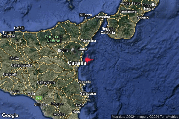 Debole Terremoto M2.4 epicentro Costa Catanese (Catania) alle 18:21:57 (16:21:57 UTC)