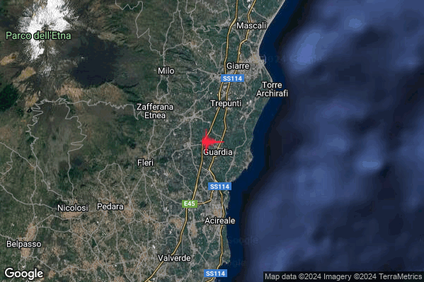 Lieve Terremoto M2.1 epicentro 3 km SE Santa Venerina (CT) alle 18:21:58 (16:21:58 UTC)