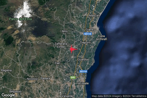 Debole Terremoto M2.3 epicentro Santa Venerina (CT) alle 17:33:12 (15:33:12 UTC)