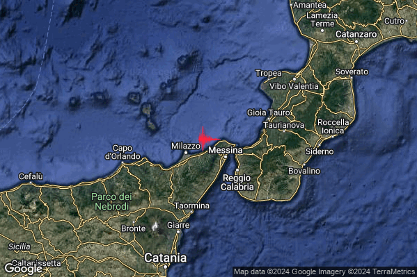 Debole Terremoto M2.5 epicentro Costa Siciliana nord-orientale (Messina) alle 04:12:27 (02:12:27 UTC)