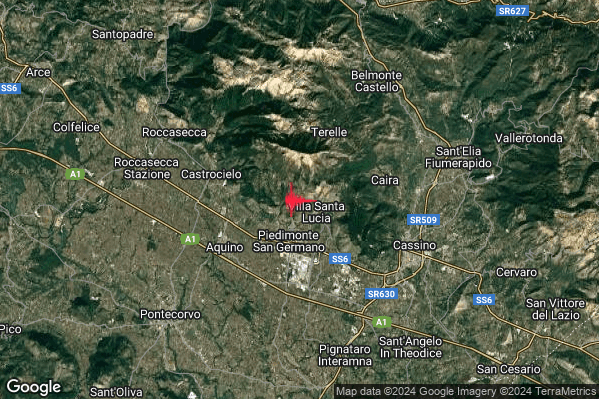 Debole Terremoto M2.4 epicentro 2 km NW Villa Santa Lucia (FR) alle 19:39:37 (17:39:37 UTC)