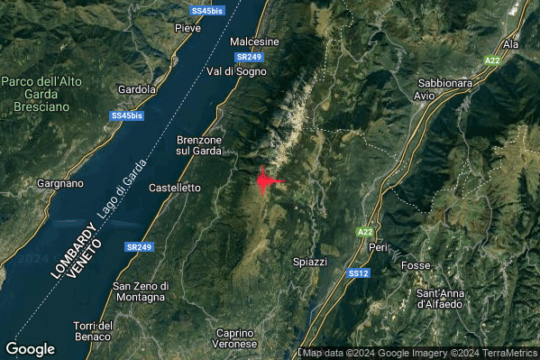 Debole Terremoto M2.3 epicentro 3 km NW Ferrara di Monte Baldo (VR) alle 12:08:22 (10:08:22 UTC)