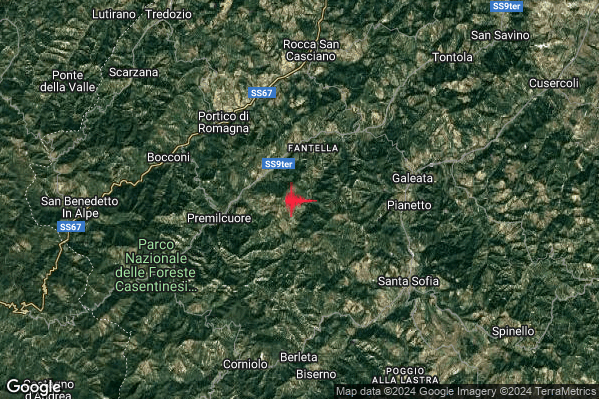 Lieve Terremoto M2.1 epicentro 5 km E Premilcuore (FC) alle 23:12:59 (21:12:59 UTC)