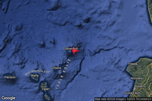 Debole Terremoto M2.4 epicentro Isole Eolie (Messina) alle 00:24:05 (22:24:05 UTC)