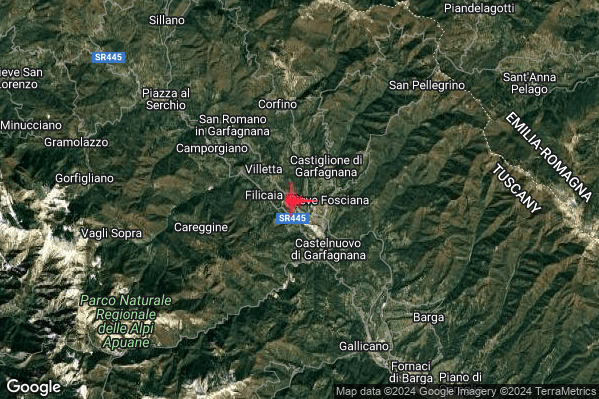 Debole Terremoto M2.6 epicentro 1 km W Pieve Fosciana (LU) alle 01:14:51 (23:14:51 UTC)