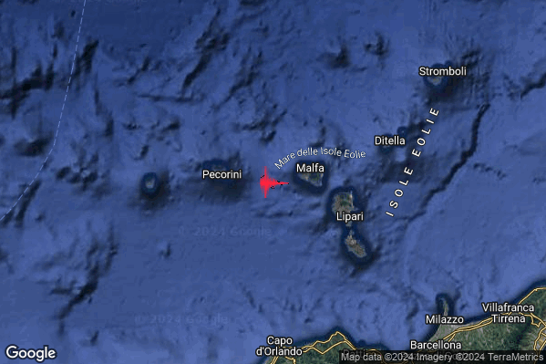 Leggero Terremoto M2.8 epicentro Isole Eolie (Messina) alle 13:03:42 (11:03:42 UTC)