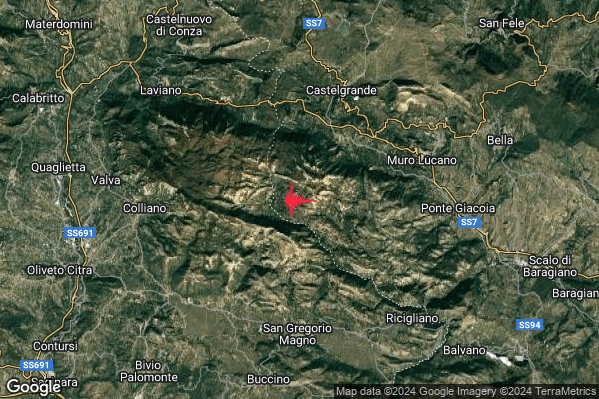 Debole Terremoto M2.4 epicentro 7 km SW Castelgrande (PZ) alle 23:28:07 (21:28:07 UTC)