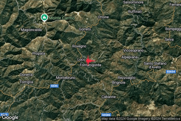 Debole Terremoto M2.7 epicentro 1 km N Fontanigorda (GE) alle 01:07:44 (23:07:44 UTC)