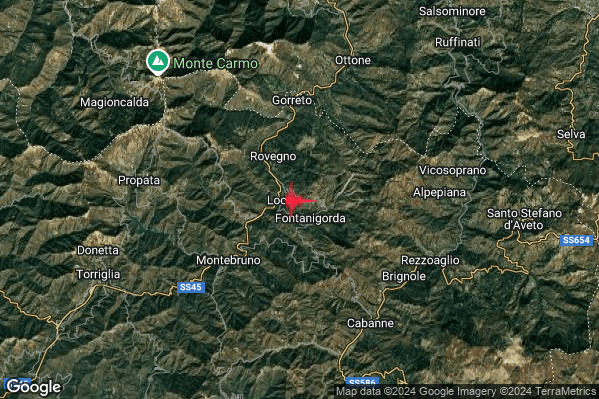 Debole Terremoto M2.5 epicentro 1 km NW Fontanigorda (GE) alle 03:09:12 (01:09:12 UTC)