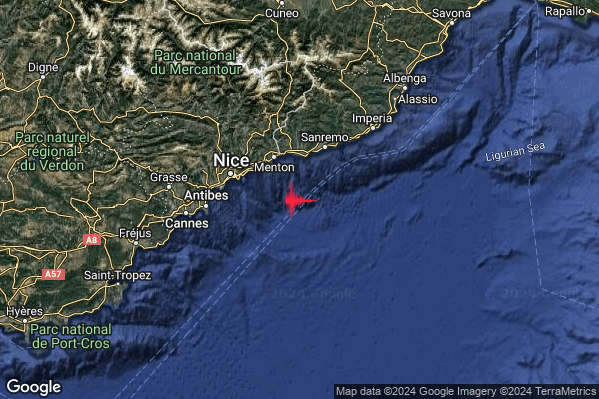 Debole Terremoto M2.7 epicentro Costa Ligure Occidentale (Imperia) alle 05:54:12 (03:54:12 UTC)