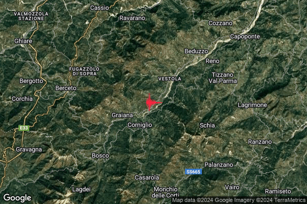 Debole Terremoto M2.3 epicentro 3 km NE Corniglio (PR) alle 22:57:25 (20:57:25 UTC)