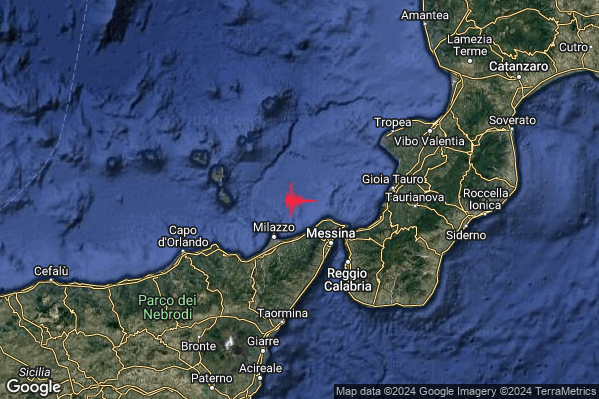 Debole Terremoto M2.3 epicentro Costa Siciliana nord-orientale (Messina) alle 03:35:15 (01:35:15 UTC)