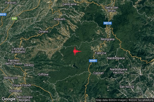 Lieve Terremoto M2.1 epicentro 6 km W Fabrizia (VV) alle 05:09:30 (03:09:30 UTC)