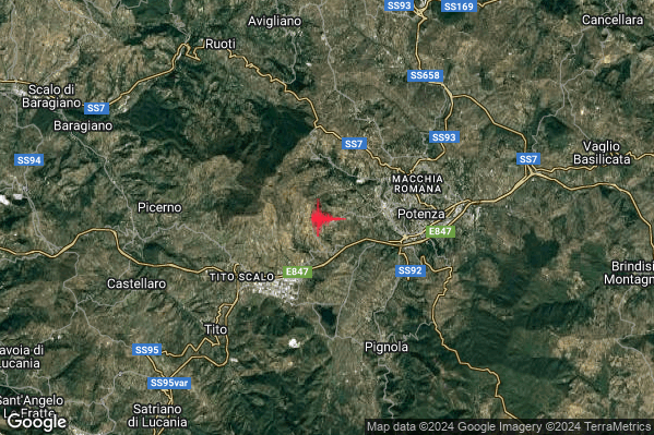 Debole Terremoto M2.3 epicentro 5 km W Potenza (PZ) alle 00:58:06 (22:58:06 UTC)