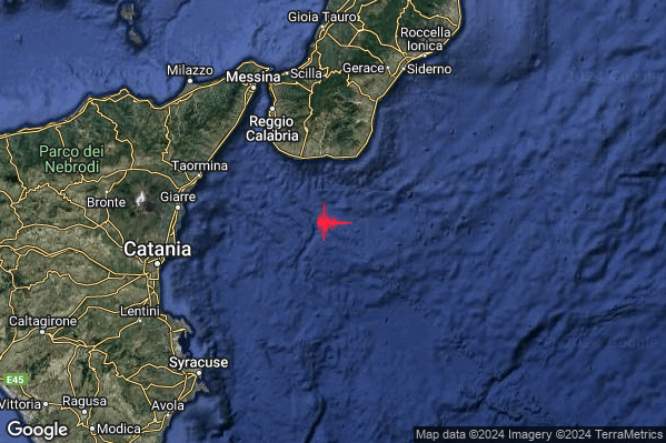 Debole Terremoto M2.5 epicentro Costa Calabra sud-orientale (Reggio di Calabria) alle 18:03:55 (16:03:55 UTC)