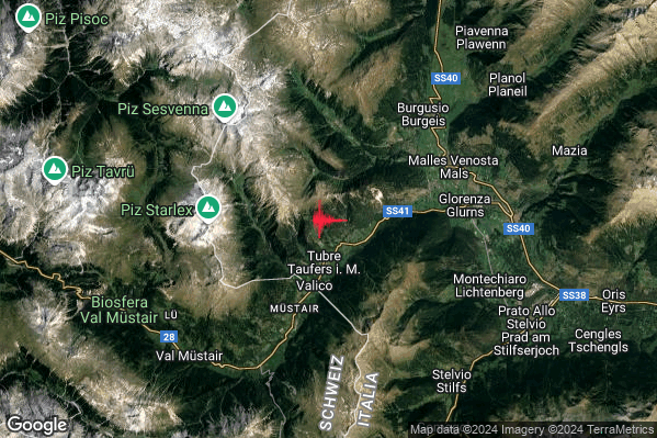 Lieve Terremoto M2.1 epicentro 2 km N Tubre (BZ) alle 04:38:24 (02:38:24 UTC)