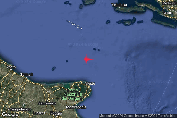 Debole Terremoto M2.4 epicentro Adriatico Centrale (MARE) alle 15:34:27 (13:34:27 UTC)