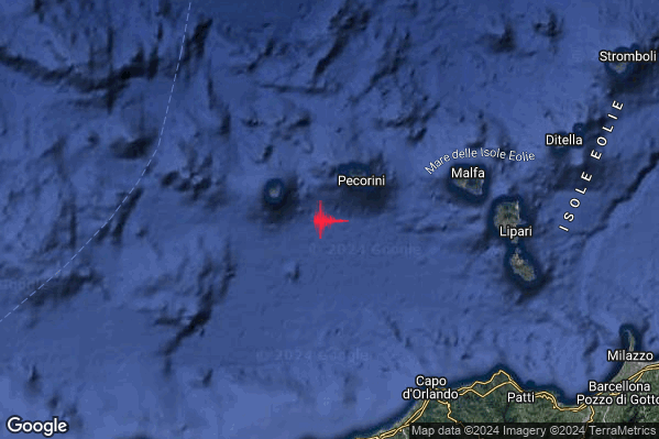 Debole Terremoto M2.6 epicentro Isole Eolie (Messina) alle 19:26:15 (17:26:15 UTC)