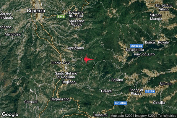 Moderato Terremoto M3.7 epicentro 3 km E Cellara (CS) alle 20:51:55 (19:51:55 UTC)