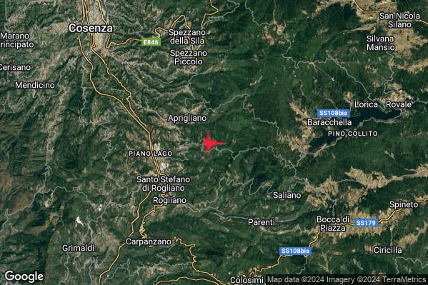 Lieve Terremoto M2.1 epicentro 3 km E Cellara (CS) alle 20:54:02 (19:54:02 UTC)