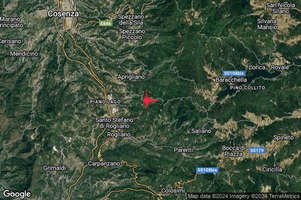 Debole Terremoto M2.6 epicentro 3 km E Cellara (CS) alle 21:15:11 (20:15:11 UTC)