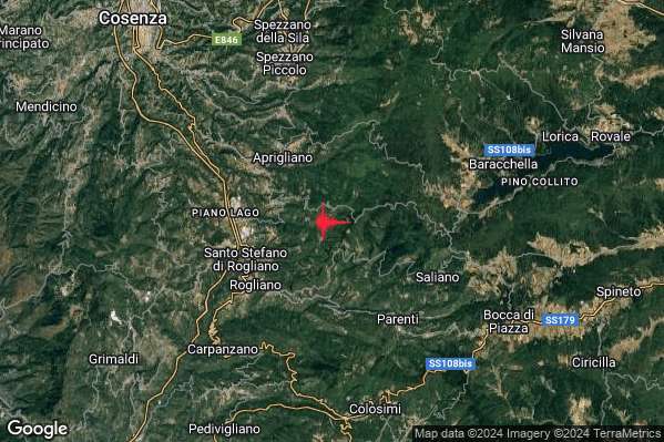 Debole Terremoto M2.7 epicentro 3 km E Mangone (CS) alle 21:15:26 (20:15:26 UTC)