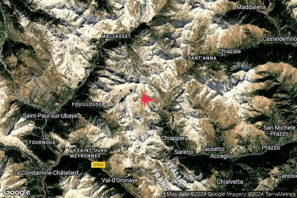 Debole Terremoto M2.3 epicentro 10 km NW Acceglio (CN) alle 21:31:26 (20:31:26 UTC)