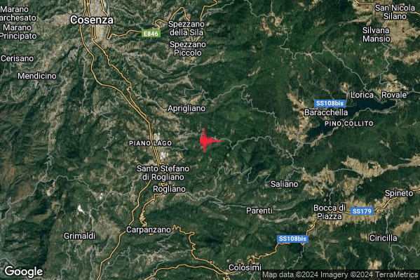 Debole Terremoto M2.5 epicentro 3 km E Cellara (CS) alle 21:36:50 (20:36:50 UTC)