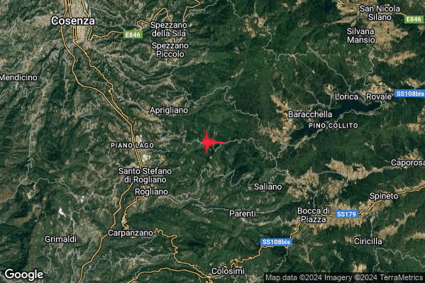 Debole Terremoto M2.7 epicentro 4 km E Cellara (CS) alle 21:36:50 (20:36:50 UTC)