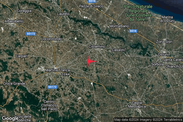 Lieve Terremoto M2.1 epicentro 3 km SW Cisternino (BR) alle 00:29:28 (23:29:28 UTC)