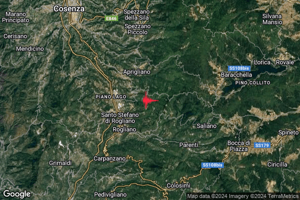 Leggero Terremoto M3.0 epicentro 2 km E Mangone (CS) alle 11:48:25 (10:48:25 UTC)