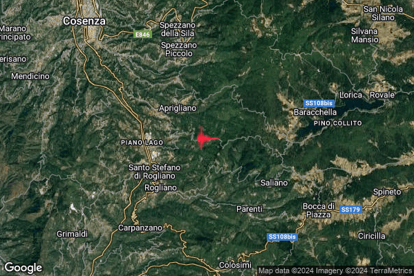 Leggero Terremoto M2.8 epicentro 3 km E Cellara (CS) alle 12:00:53 (11:00:53 UTC)