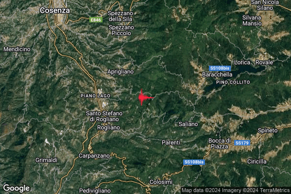 Lieve Terremoto M2.0 epicentro 4 km E Cellara (CS) alle 13:08:30 (12:08:30 UTC)