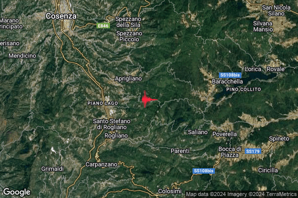 Debole Terremoto M2.4 epicentro 3 km E Cellara (CS) alle 21:54:47 (20:54:47 UTC)