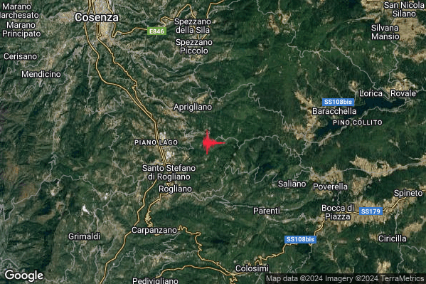 Debole Terremoto M2.7 epicentro 2 km E Cellara (CS) alle 22:12:51 (21:12:51 UTC)