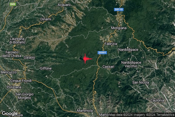 Debole Terremoto M2.7 epicentro 6 km SW Fabrizia (VV) alle 13:24:00 (12:24:00 UTC)