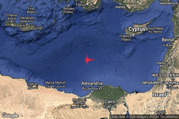 Forte Terremoto M4.8 epicentro Egypt [Sea] alle 17:43:29 (16:43:29 UTC)