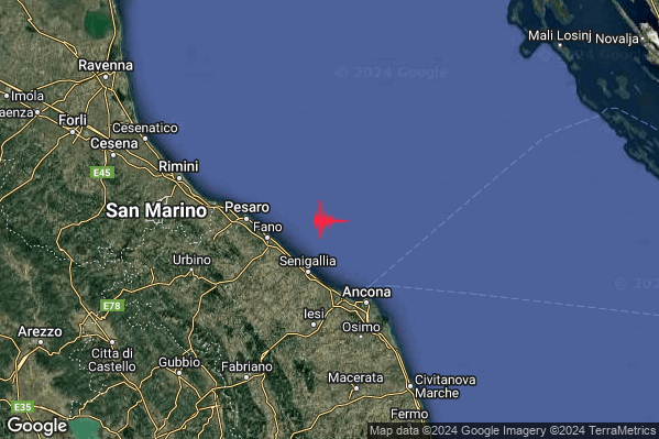 Moderato Terremoto M3.7 epicentro Costa Marchigiana Anconetana (Ancona) alle 17:48:24 (16:48:24 UTC)