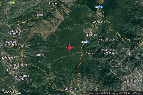 Debole Terremoto M2.3 epicentro 6 km SW Fabrizia (VV) alle 19:21:22 (18:21:22 UTC)